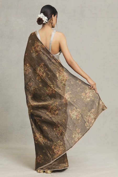 Shop Pranay Baidya Brown Tissue Lace Flower Placement Print Saree at Aza Fashions Shop_Pranay Baidya_Brown Tissue Lace Flower Placement Print Saree_at_Aza_Fashions