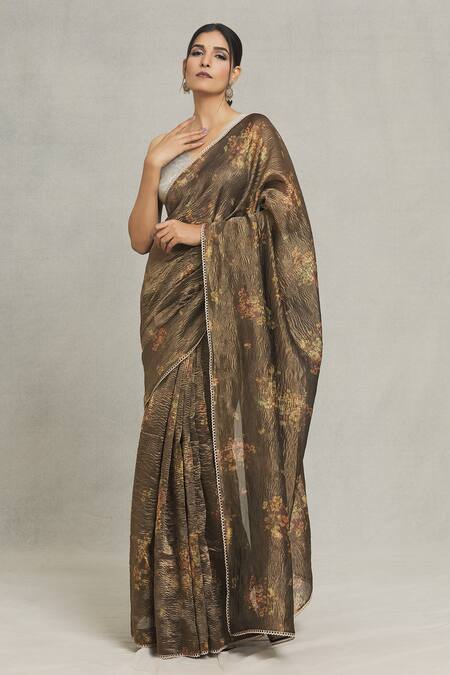 Pranay Baidya Brown Tissue Lace Flower Placement Print Saree Online at Aza Fashions Pranay Baidya_Brown Tissue Lace Flower Placement Print Saree_Online_at_Aza_Fashions