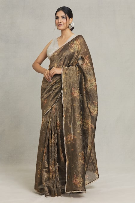 Buy Pranay Baidya Brown Tissue Lace Flower Placement Print Saree Online at Aza Fashions Buy_Pranay Baidya_Brown Tissue Lace Flower Placement Print Saree_Online_at_Aza_Fashions
