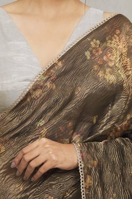 Shop Pranay Baidya Brown Tissue Lace Flower Placement Print Saree Online at Aza Fashions Shop_Pranay Baidya_Brown Tissue Lace Flower Placement Print Saree_Online_at_Aza_Fashions