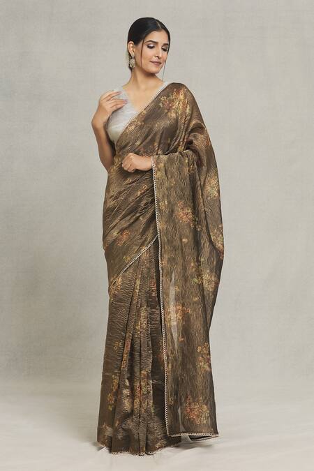 Pranay Baidya Brown Tissue Lace Flower Placement Print Saree at Aza Fashions Pranay Baidya_Brown Tissue Lace Flower Placement Print Saree_at_Aza_Fashions