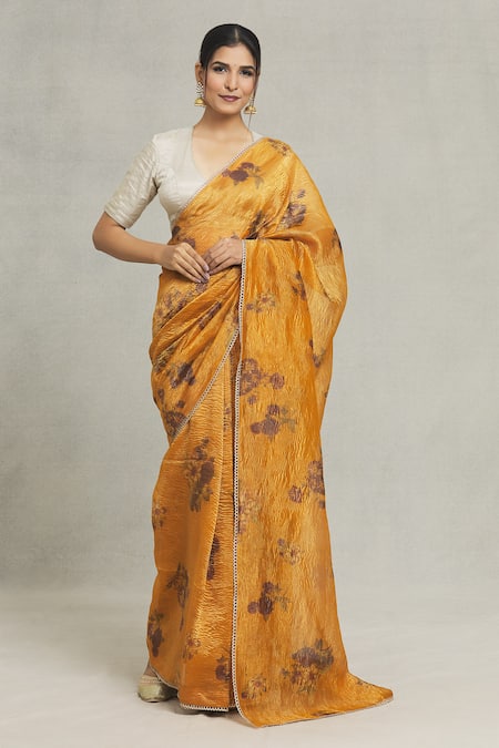 Pranay Baidya Yellow Tissue Printed Florette Placement Saree  