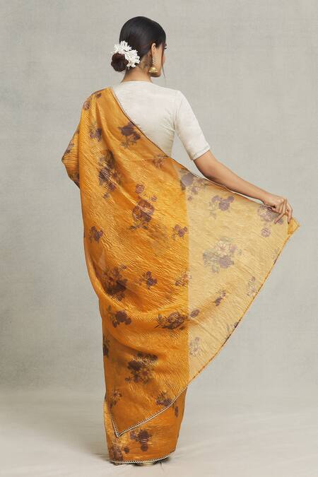 Shop_Pranay Baidya_Yellow Tissue Embroidery Florette Placement Print Saree_at_Aza_Fashions