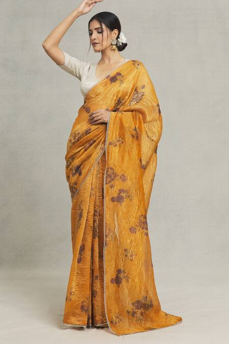 Pranay Baidya_Yellow Tissue Embroidery Florette Placement Print Saree_Online_at_Aza_Fashions