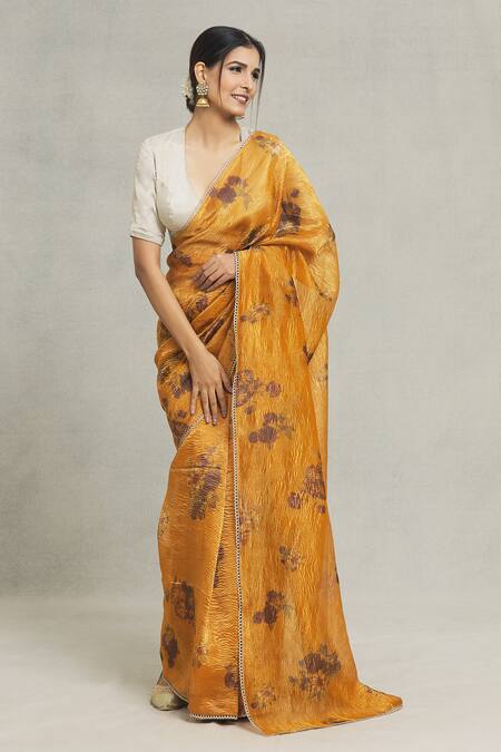 Buy_Pranay Baidya_Yellow Tissue Embroidery Florette Placement Print Saree_Online_at_Aza_Fashions