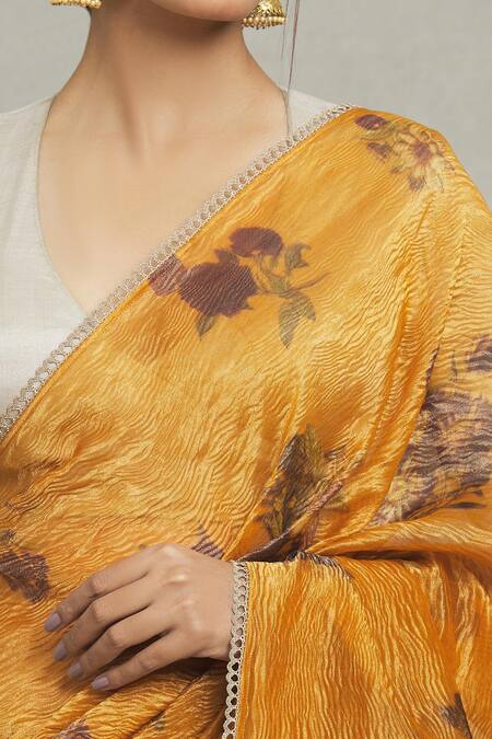 Shop_Pranay Baidya_Yellow Tissue Embroidery Florette Placement Print Saree_Online_at_Aza_Fashions