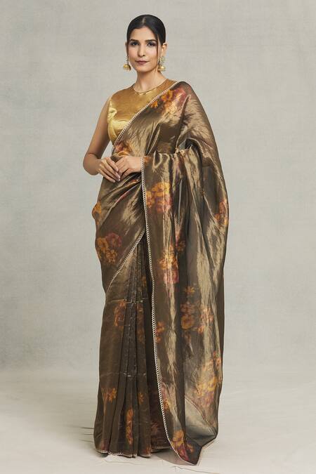 Pranay Baidya_Brown Tissue Lace Botanical Print Saree_Online_at_Aza_Fashions
