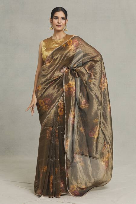 Shop_Pranay Baidya_Brown Tissue Lace Botanical Print Saree_Online_at_Aza_Fashions