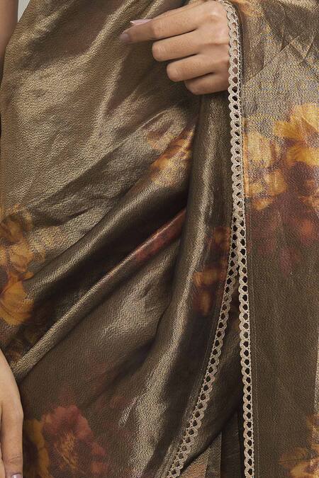 Pranay Baidya_Brown Tissue Lace Botanical Print Saree_at_Aza_Fashions