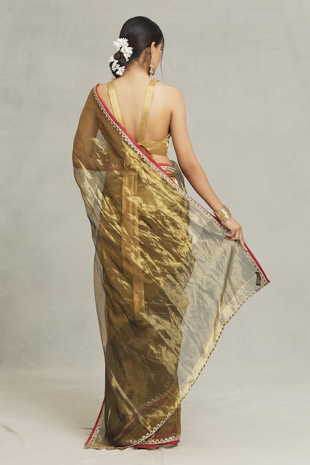 Shop_Pranay Baidya_Gold Tissue Embellished Lace Border Saree  _at_Aza_Fashions