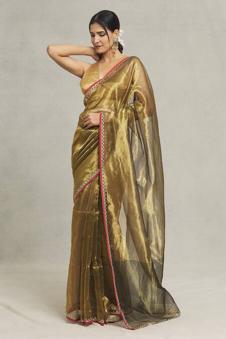 Pranay Baidya_Gold Tissue Embellished Lace Border Saree  _Online_at_Aza_Fashions