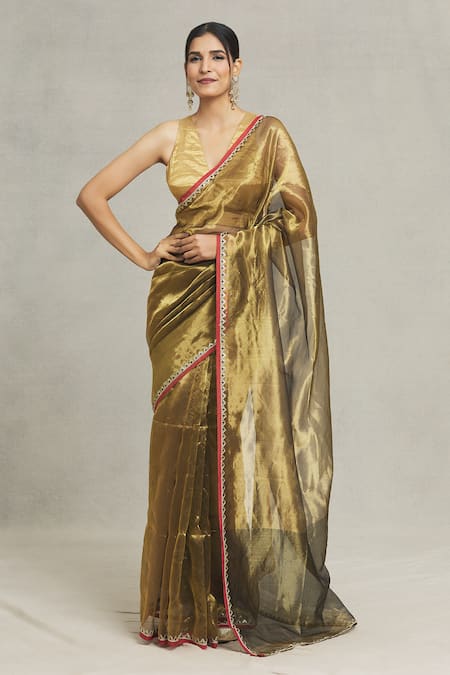 Shop_Pranay Baidya_Gold Tissue Embellished Lace Border Saree  _Online_at_Aza_Fashions
