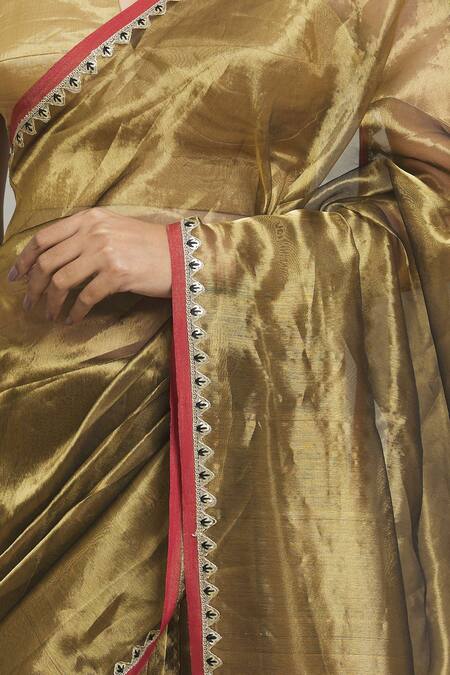 Pranay Baidya_Gold Tissue Embellished Lace Border Saree  _at_Aza_Fashions