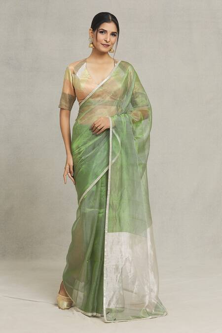 Pranay Baidya_Green Tissue Lace Border Embellished Saree _Online_at_Aza_Fashions