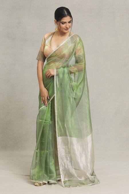 Buy_Pranay Baidya_Green Tissue Lace Border Embellished Saree _Online_at_Aza_Fashions