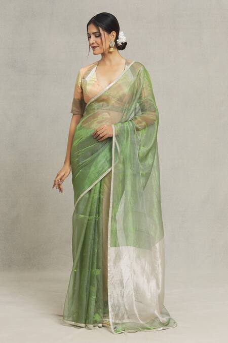 Shop_Pranay Baidya_Green Tissue Lace Border Embellished Saree _Online_at_Aza_Fashions