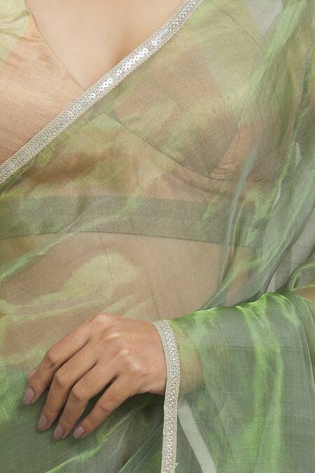 Pranay Baidya_Green Tissue Lace Border Embellished Saree _at_Aza_Fashions