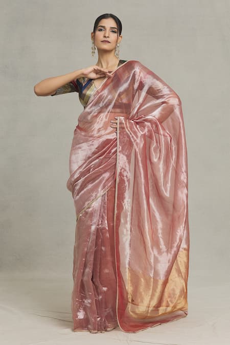 Shop_Pranay Baidya_Pink Tissue Embellished Lace Saree  _Online_at_Aza_Fashions