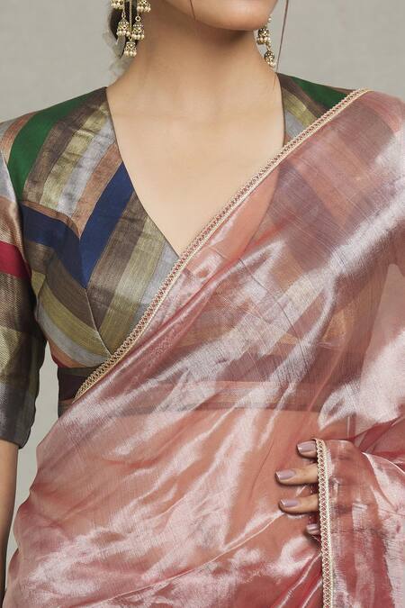 Pranay Baidya_Pink Tissue Embellished Lace Saree  _at_Aza_Fashions