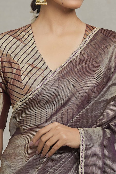 Shop_Pranay Baidya_Purple Tissue Thin Stripe Woven Saree _Online_at_Aza_Fashions