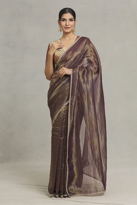 Pranay Baidya_Purple Tissue Thin Stripe Woven Saree _at_Aza_Fashions