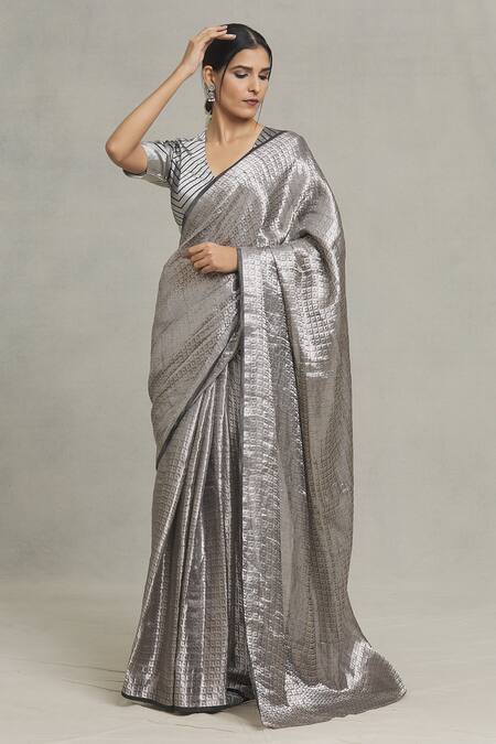Buy_Pranay Baidya_Silver Brocade Checkered Woven Saree _Online_at_Aza_Fashions