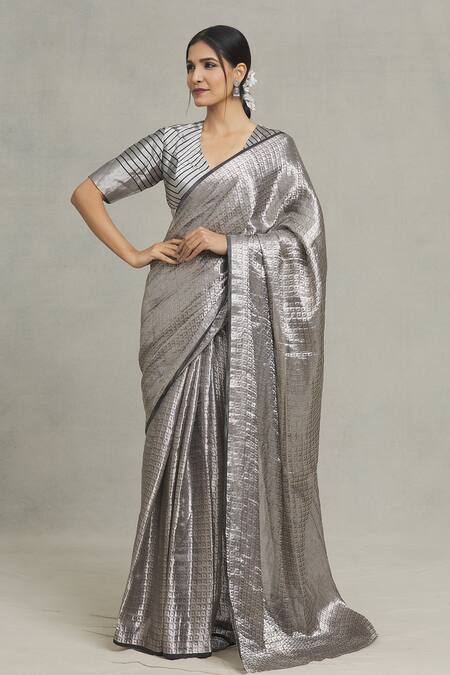 Shop_Pranay Baidya_Silver Brocade Checkered Woven Saree _Online_at_Aza_Fashions