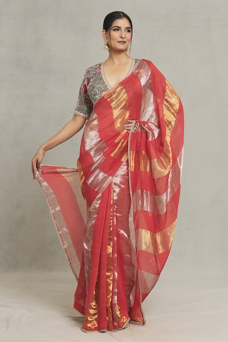 Shop_Pranay Baidya_Red Chanderi Embroidery Broad Stripe Woven Saree _Online_at_Aza_Fashions