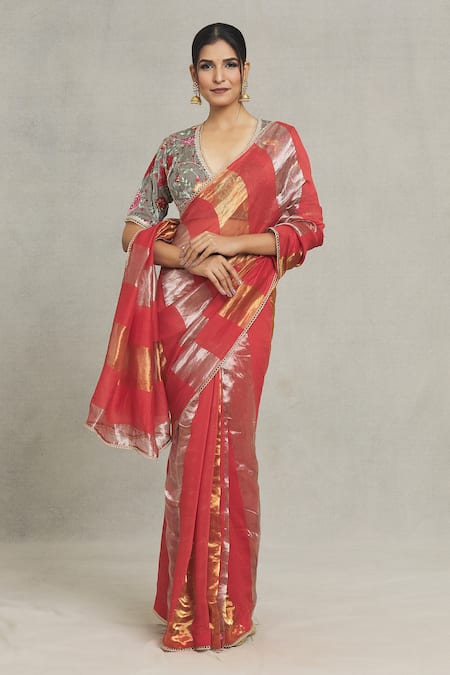 Pranay Baidya_Red Chanderi Embroidery Broad Stripe Woven Saree _at_Aza_Fashions