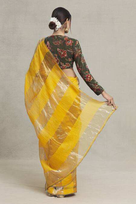 Pranay Baidya Yellow Chanderi Woven Saree with Border 