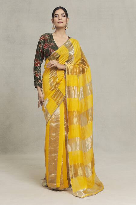 Buy_Pranay Baidya_Yellow Chanderi Embroidery Woven Saree With Border _Online_at_Aza_Fashions
