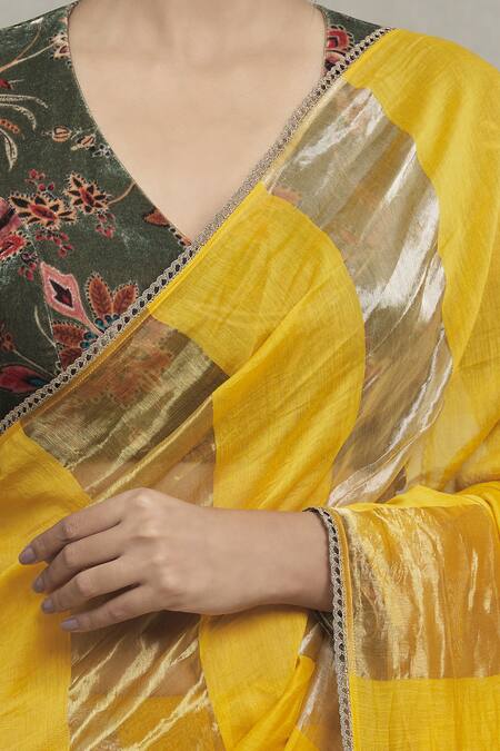 Shop_Pranay Baidya_Yellow Chanderi Embroidery Woven Saree With Border _Online_at_Aza_Fashions