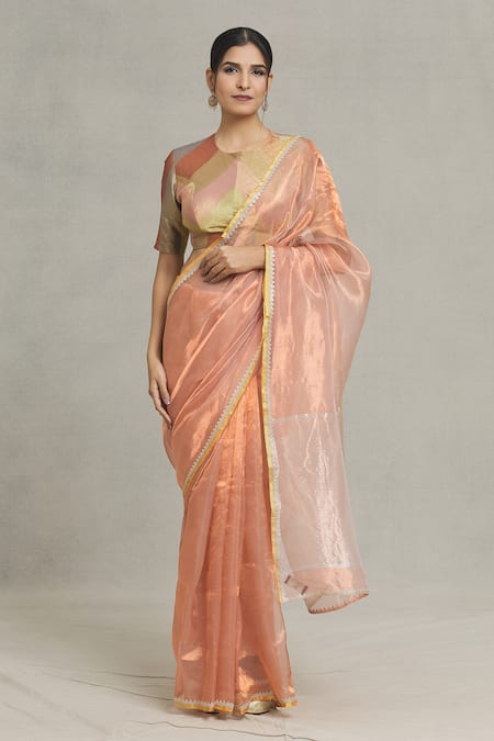 Pranay Baidya_Peach Tissue Lace Stripe Placement Woven Saree _Online_at_Aza_Fashions