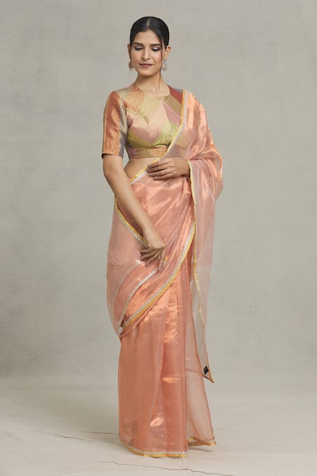 Buy_Pranay Baidya_Peach Tissue Lace Stripe Placement Woven Saree _Online_at_Aza_Fashions