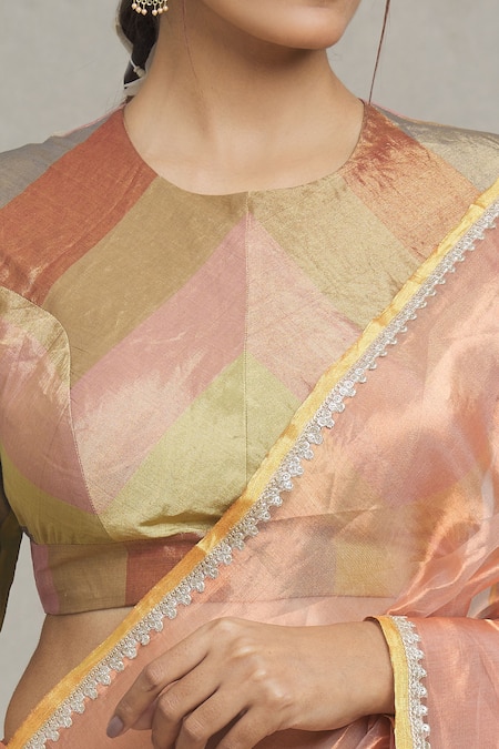Pranay Baidya_Peach Tissue Lace Stripe Placement Woven Saree _at_Aza_Fashions