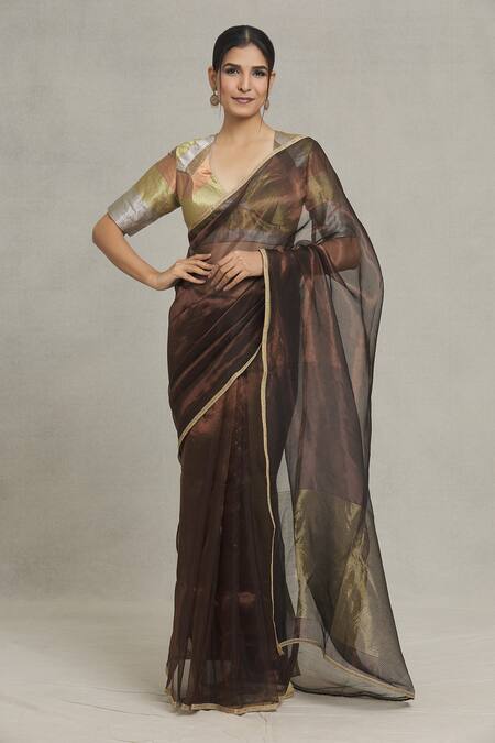 Pranay Baidya_Brown Tissue Lace Border Embellished Saree _Online_at_Aza_Fashions