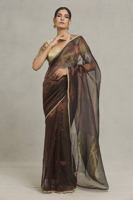 Buy_Pranay Baidya_Brown Tissue Lace Border Embellished Saree _Online_at_Aza_Fashions