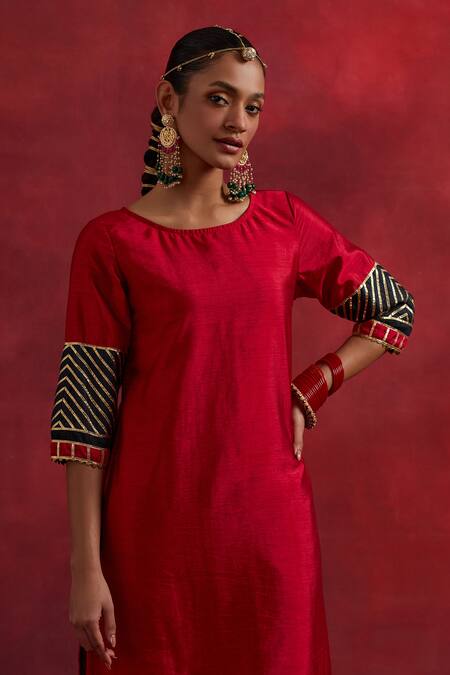 Shop The Indian Cause Red Silk Gota Patti Round Neck Jennifer Cuff Embroidered Kurta Online at Aza Fashions Shop_The Indian Cause_Red Silk Gota Patti Round Neck Jennifer Cuff Embroidered Kurta_Online_at_Aza_Fashions