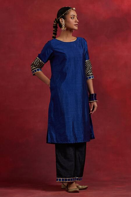 Buy The Indian Cause Blue Silk Gota Patti Round Neck Jennifer Cuff Embroidered Straight Kurta Online at Aza Fashions Buy_The Indian Cause_Blue Silk Gota Patti Round Neck Jennifer Cuff Embroidered Straight Kurta_Online_at_Aza_Fashions