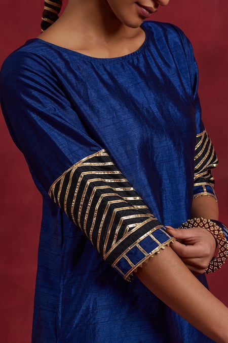 Shop The Indian Cause Blue Silk Gota Patti Round Neck Jennifer Cuff Embroidered Straight Kurta Online at Aza Fashions Shop_The Indian Cause_Blue Silk Gota Patti Round Neck Jennifer Cuff Embroidered Straight Kurta_Online_at_Aza_Fashions