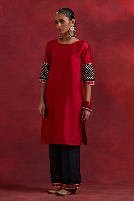 The Indian Cause_Red Silk Gota Patti Round Neck Jennifer Cuff Embroidered Kurta And Palazzo Set_Online_at_Aza_Fashions