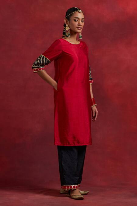 Buy_The Indian Cause_Red Silk Gota Patti Round Neck Jennifer Cuff Embroidered Kurta And Palazzo Set_Online_at_Aza_Fashions