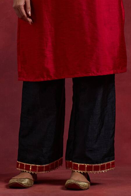 Shop_The Indian Cause_Red Silk Gota Patti Round Neck Jennifer Cuff Embroidered Kurta And Palazzo Set_Online_at_Aza_Fashions
