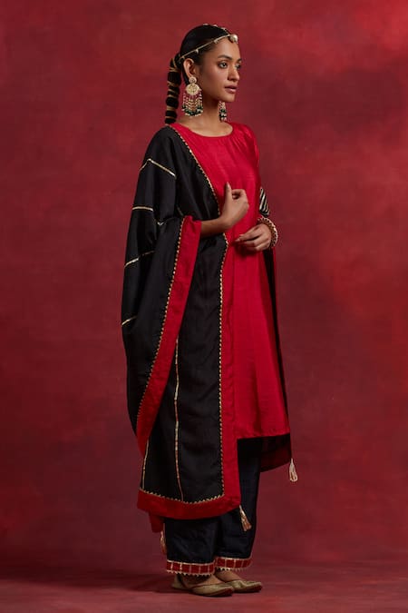 The Indian Cause Red Silk Gota Patti Round Neck Jennifer Cuff Embroidered Kurta Palazzo Set Online at Aza Fashions The Indian Cause_Red Silk Gota Patti Round Neck Jennifer Cuff Embroidered Kurta Palazzo Set_Online_at_Aza_Fashions