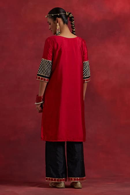 Shop The Indian Cause Red Silk Gota Patti Round Neck Jennifer Cuff Embroidered Kurta Palazzo Set at Aza Fashions Shop_The Indian Cause_Red Silk Gota Patti Round Neck Jennifer Cuff Embroidered Kurta Palazzo Set_at_Aza_Fashions