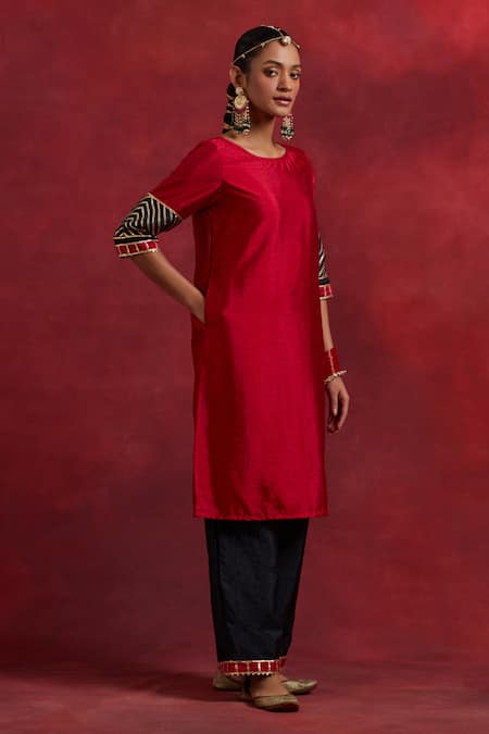 Shop The Indian Cause Red Silk Gota Patti Round Neck Jennifer Cuff Embroidered Kurta Palazzo Set Online at Aza Fashions Shop_The Indian Cause_Red Silk Gota Patti Round Neck Jennifer Cuff Embroidered Kurta Palazzo Set_Online_at_Aza_Fashions