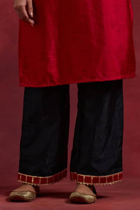 Buy The Indian Cause Red Silk Gota Patti Round Neck Jennifer Cuff Embroidered Kurta Palazzo Set Buy_The Indian Cause_Red Silk Gota Patti Round Neck Jennifer Cuff Embroidered Kurta Palazzo Set