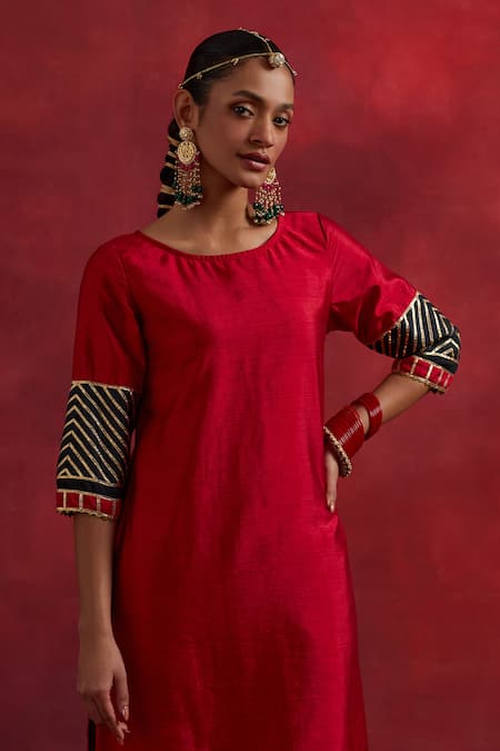 Shop The Indian Cause Red Silk Gota Patti Round Neck Jennifer Cuff Embroidered Kurta Palazzo Set Shop_The Indian Cause_Red Silk Gota Patti Round Neck Jennifer Cuff Embroidered Kurta Palazzo Set