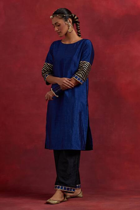 The Indian Cause_Blue Silk Embroidery, Gota Patti, Zari Jennifer Cuff Straight Kurta Palazzo Set_Online_at_Aza_Fashions