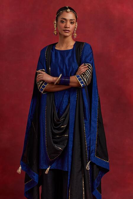 Buy_The Indian Cause_Blue Silk Embroidery, Gota Patti, Zari Jennifer Cuff Straight Kurta Palazzo Set_Online_at_Aza_Fashions